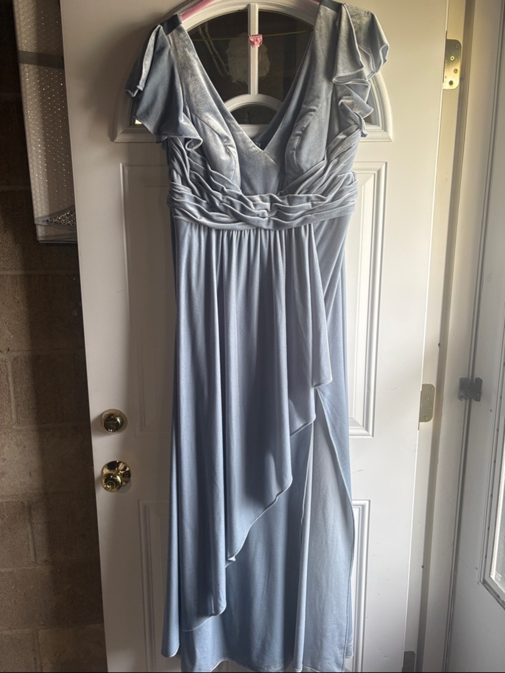 Azazie Dusty Blue Ruffled V-Neck Maxi Dress